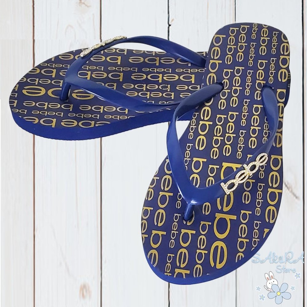 NWT BEBE AUTHENTIC SAMIRAH WOMEN'S NAVY GOLD THONG SLIP ON FLIP FLOPS SLIDES